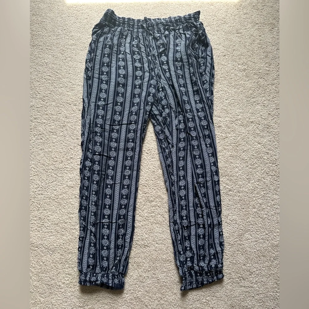 Navy Blue and White Patterned Women's Pants - Picture 4 of 10